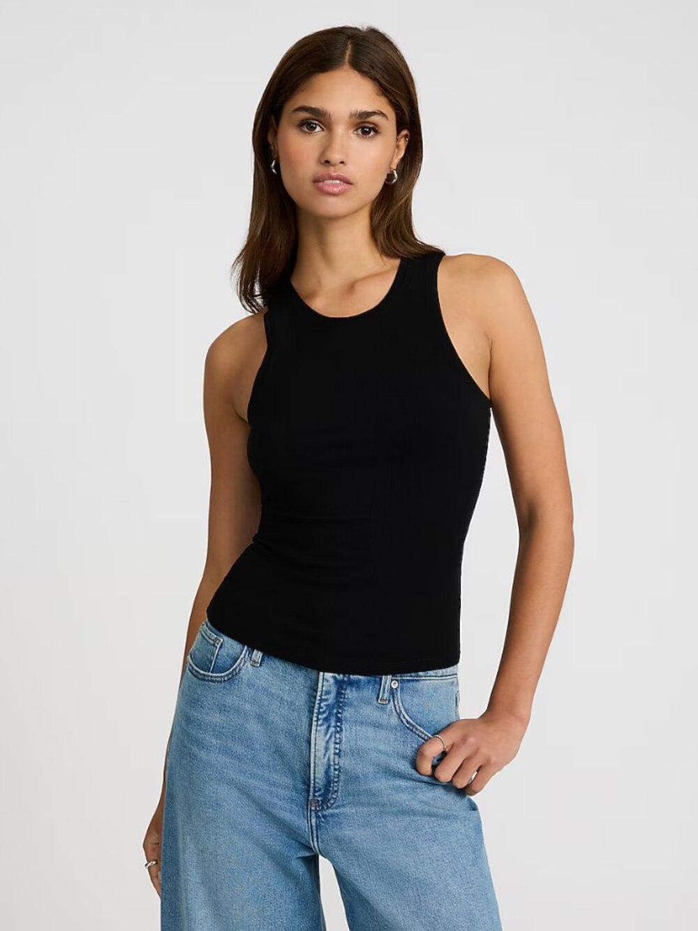 Express Essential Fitted Ribbed High Neck Sleeveless Tank (XS) - Black